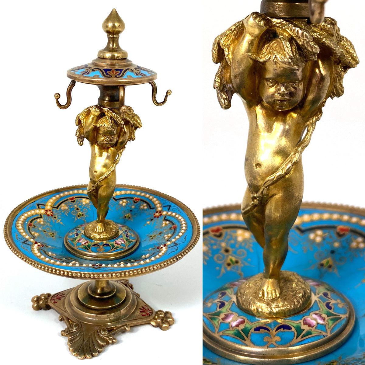 Rare Antique French Barbedienne? Kiln-fired Enamel & Gilt Bronze Ring Tree, Vide Poche Jewelry Stand, Cherub or Putti