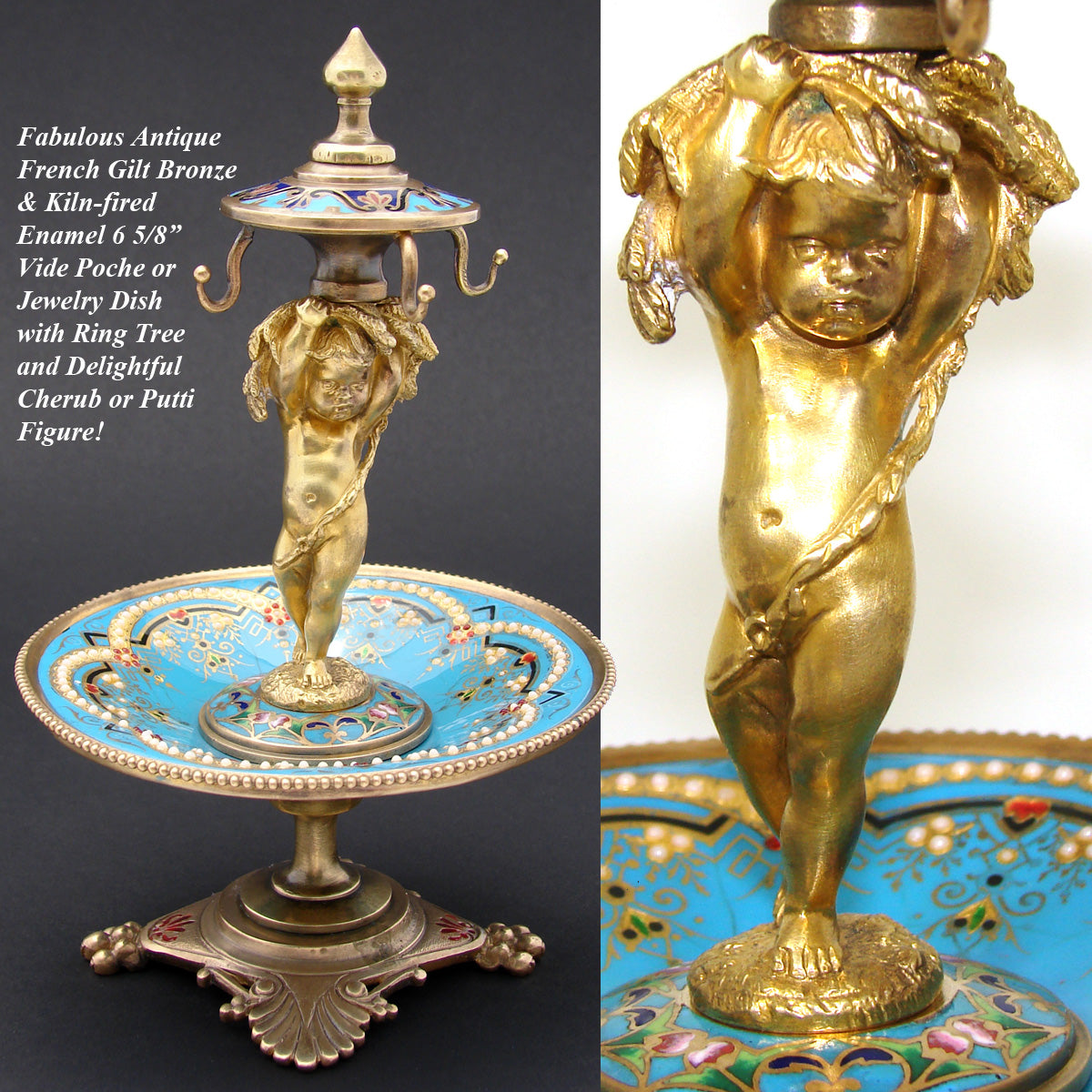 Rare Antique French Barbedienne? Kiln-fired Enamel & Gilt Bronze Ring Tree, Vide Poche Jewelry Stand, Cherub or Putti