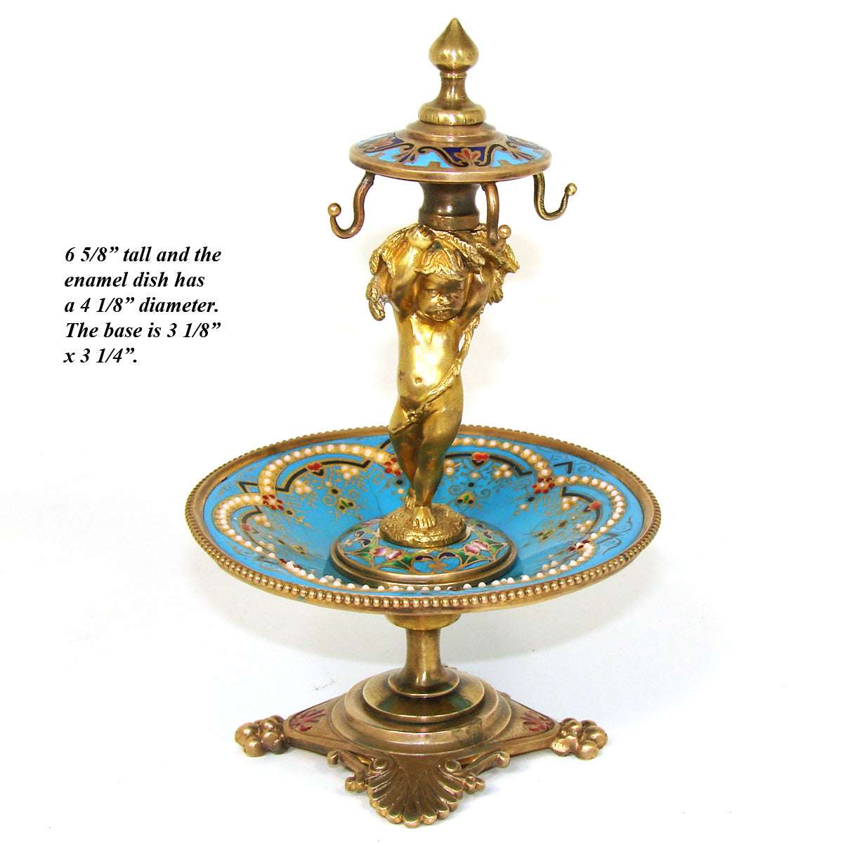 Rare Antique French Barbedienne? Kiln-fired Enamel & Gilt Bronze Ring Tree, Vide Poche Jewelry Stand, Cherub or Putti