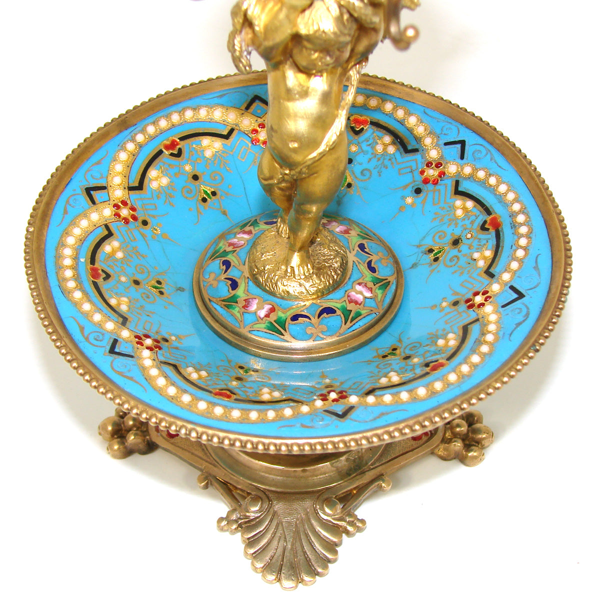 Rare Antique French Barbedienne? Kiln-fired Enamel & Gilt Bronze Ring Tree, Vide Poche Jewelry Stand, Cherub or Putti