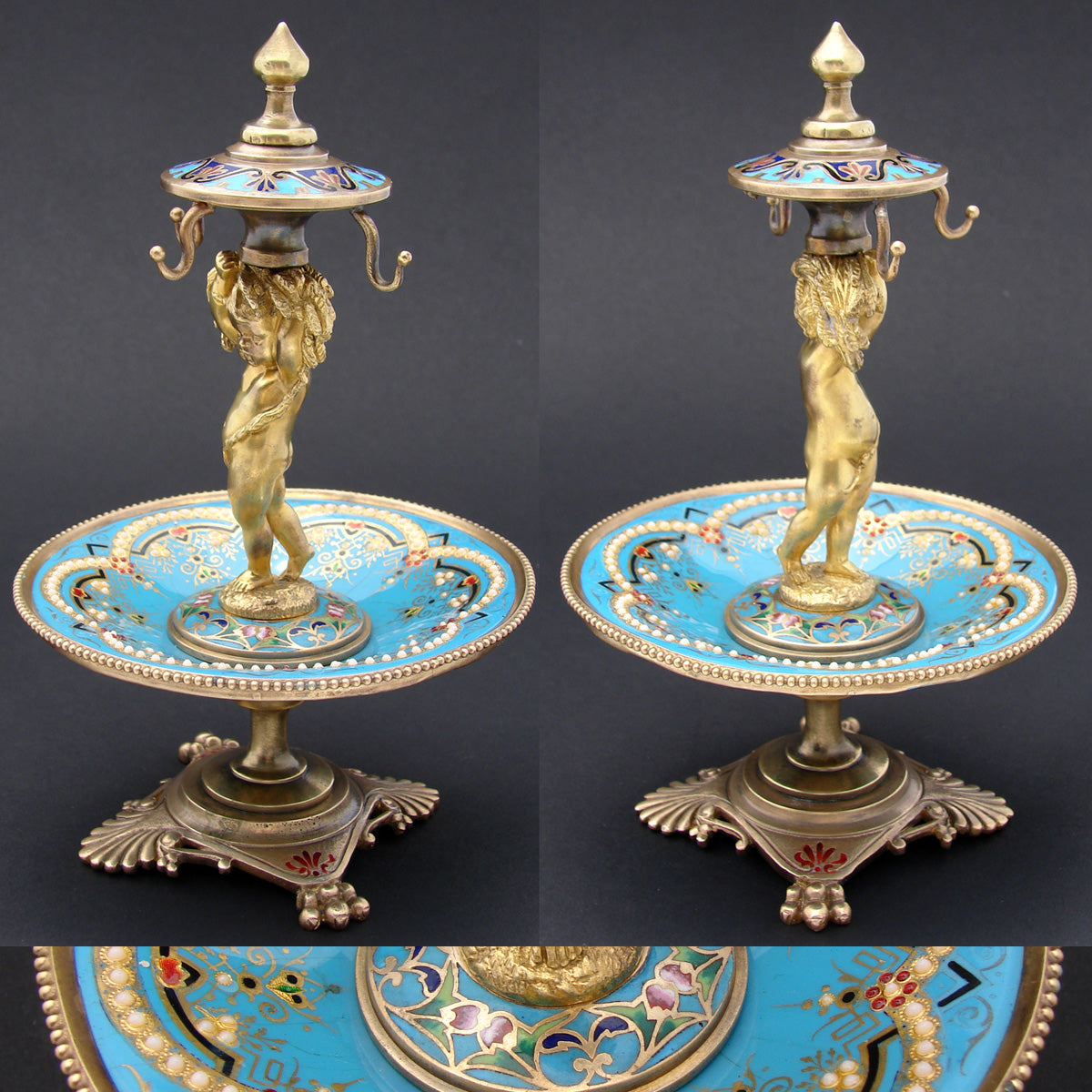 Rare Antique French Barbedienne? Kiln-fired Enamel & Gilt Bronze Ring Tree, Vide Poche Jewelry Stand, Cherub or Putti