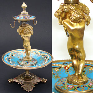 Rare Antique French Barbedienne? Kiln-fired Enamel & Gilt Bronze Ring Tree, Vide Poche Jewelry Stand, Cherub or Putti