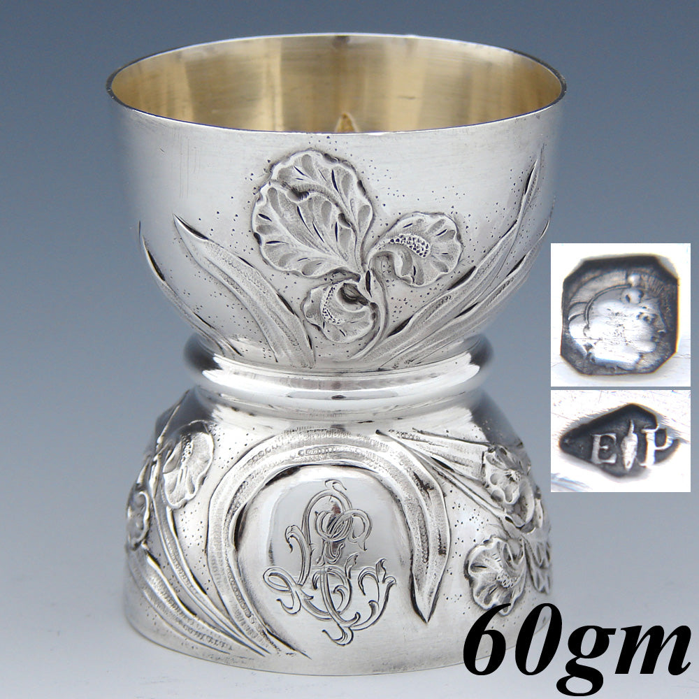 Lovely Antique French Puiforcat Sterling Silver Egg Cup, Art Nouveau Floral