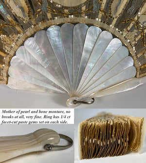 Elegant Antique French 28.5cm Sequined Fan, 2nd Empire Crossed Torches in Sequins, MOP