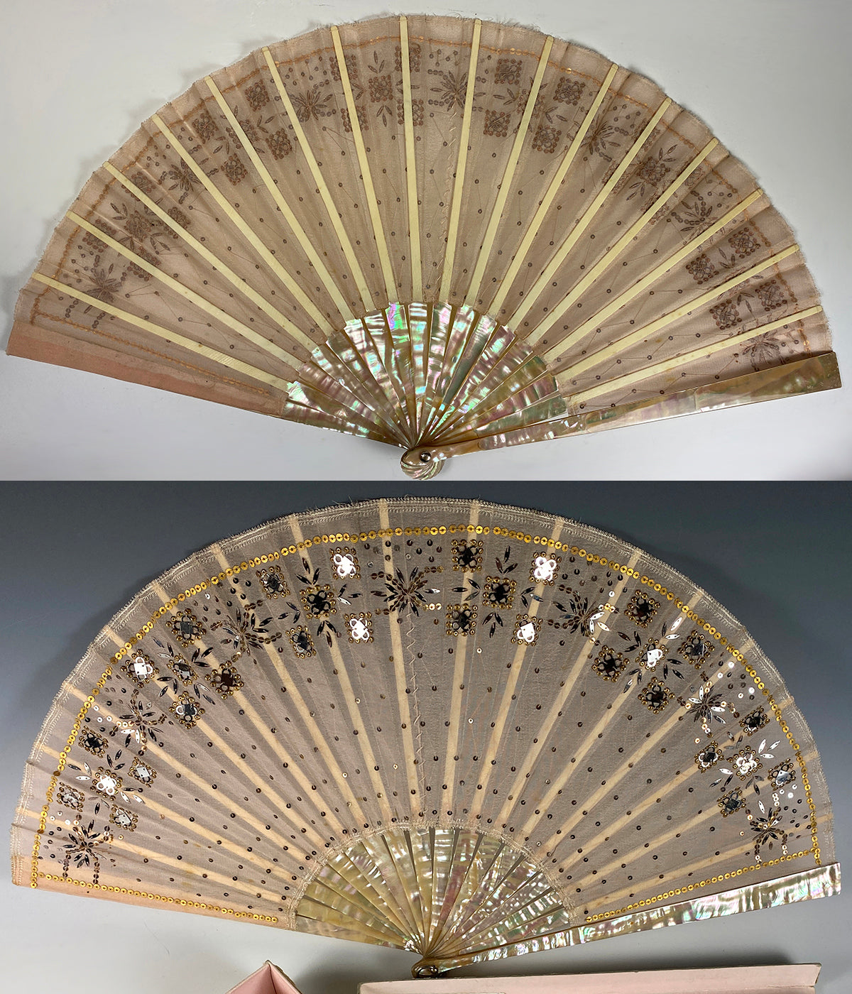 Antique c.1870 French Hand Fan, MOP, Sequins, 22cm GOOSSENS Frére & Soœur, 32, ave de l'Opera, PARIS