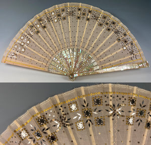 Antique c.1870 French Hand Fan, MOP, Sequins, 22cm GOOSSENS Frére & Soœur, 32, ave de l'Opera, PARIS