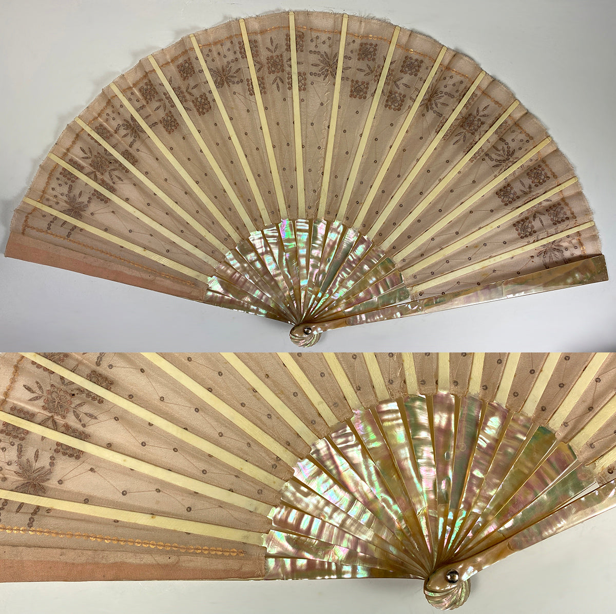 Antique c.1870 French Hand Fan, MOP, Sequins, 22cm GOOSSENS Frére & Soœur, 32, ave de l'Opera, PARIS