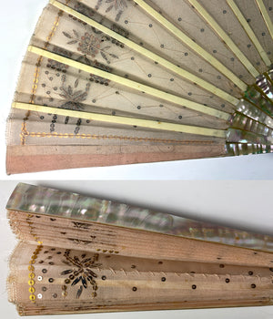 Antique c.1870 French Hand Fan, MOP, Sequins, 22cm GOOSSENS Frére & Soœur, 32, ave de l'Opera, PARIS