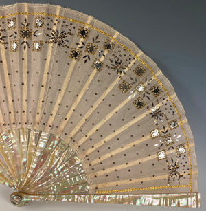 Antique c.1870 French Hand Fan, MOP, Sequins, 22cm GOOSSENS Frére & Soœur, 32, ave de l'Opera, PARIS