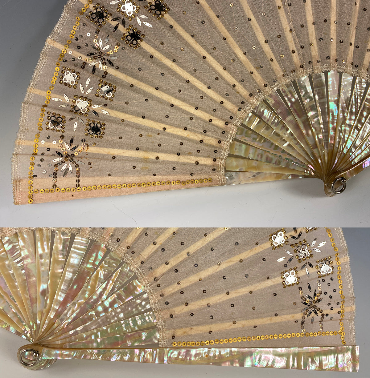 Antique c.1870 French Hand Fan, MOP, Sequins, 22cm GOOSSENS Frére & Soœur, 32, ave de l'Opera, PARIS