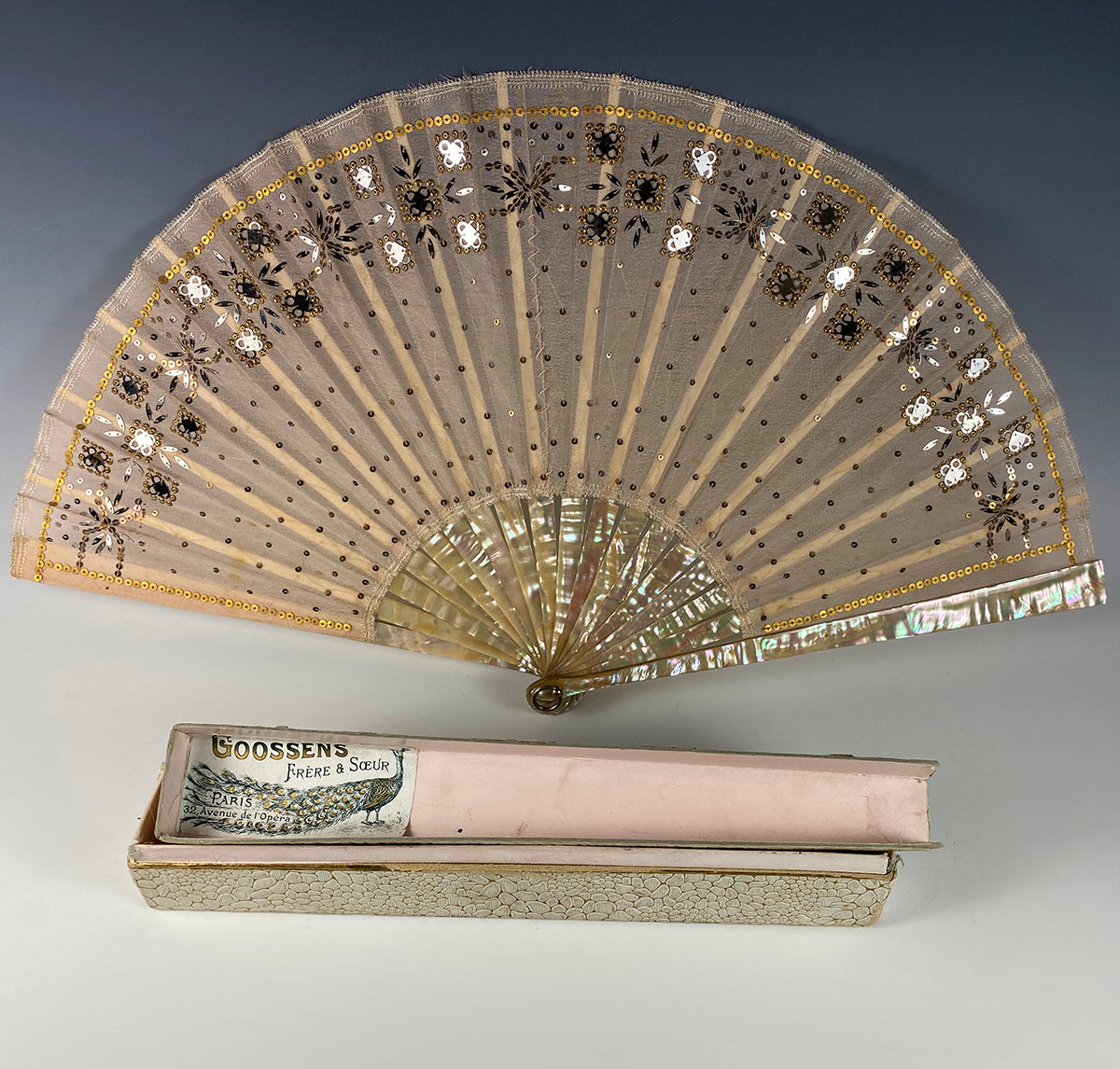 Antique c.1870 French Hand Fan, MOP, Sequins, 22cm GOOSSENS Frére & Soœur, 32, ave de l'Opera, PARIS