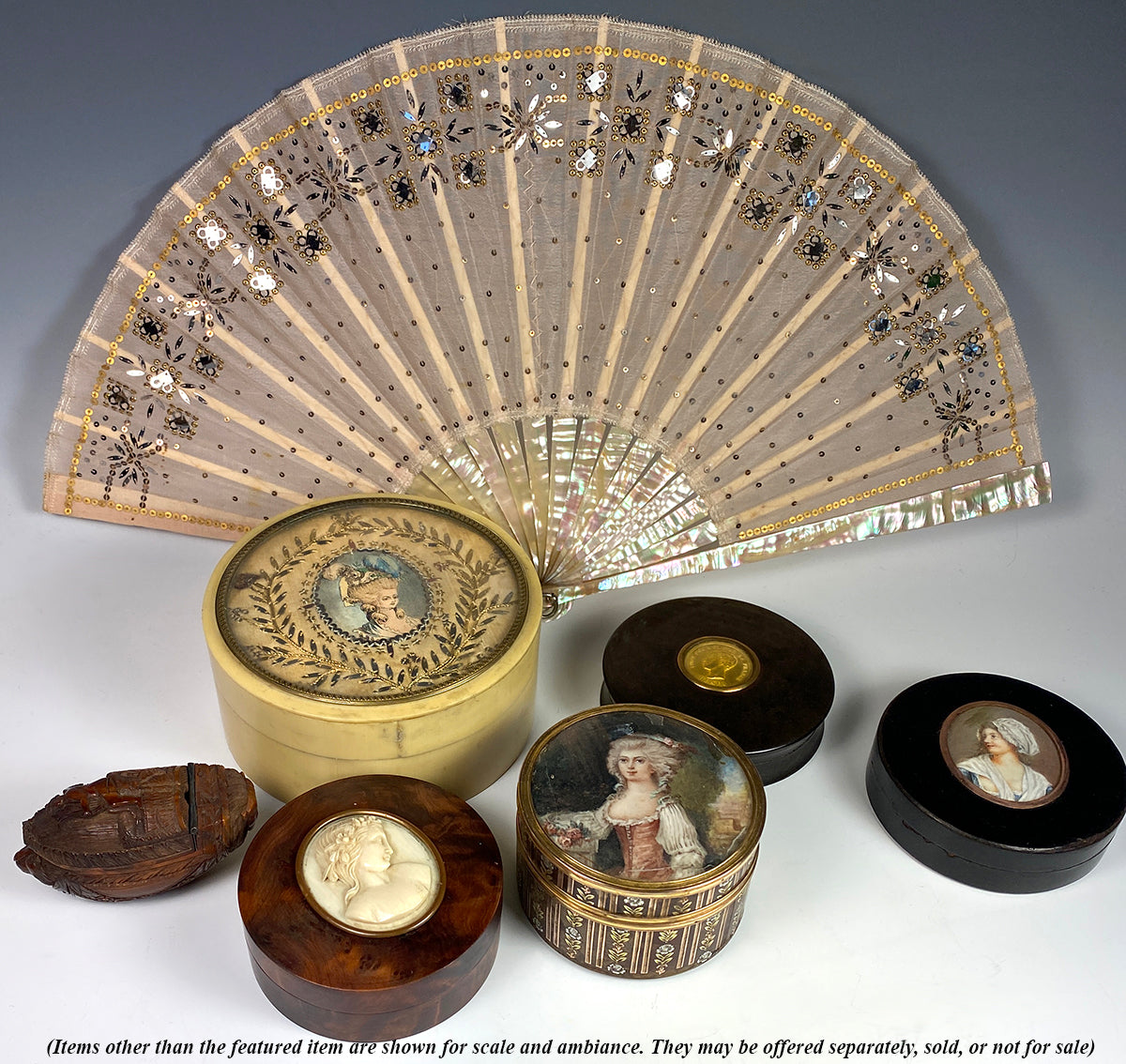 Antique c.1870 French Hand Fan, MOP, Sequins, 22cm GOOSSENS Frére & Soœur, 32, ave de l'Opera, PARIS