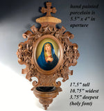 Huge 17.5" Tall Antique French TAHAN Carved Holy Font, Porcelain Plaque Portrait Miniature of Mary