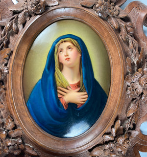 Huge 17.5" Tall Antique French TAHAN Carved Holy Font, Porcelain Plaque Portrait Miniature of Mary