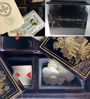 Antique Edwardian Era Orientalist Game Gaming Chest, Mother of Pearl Chips, Cards, Trays