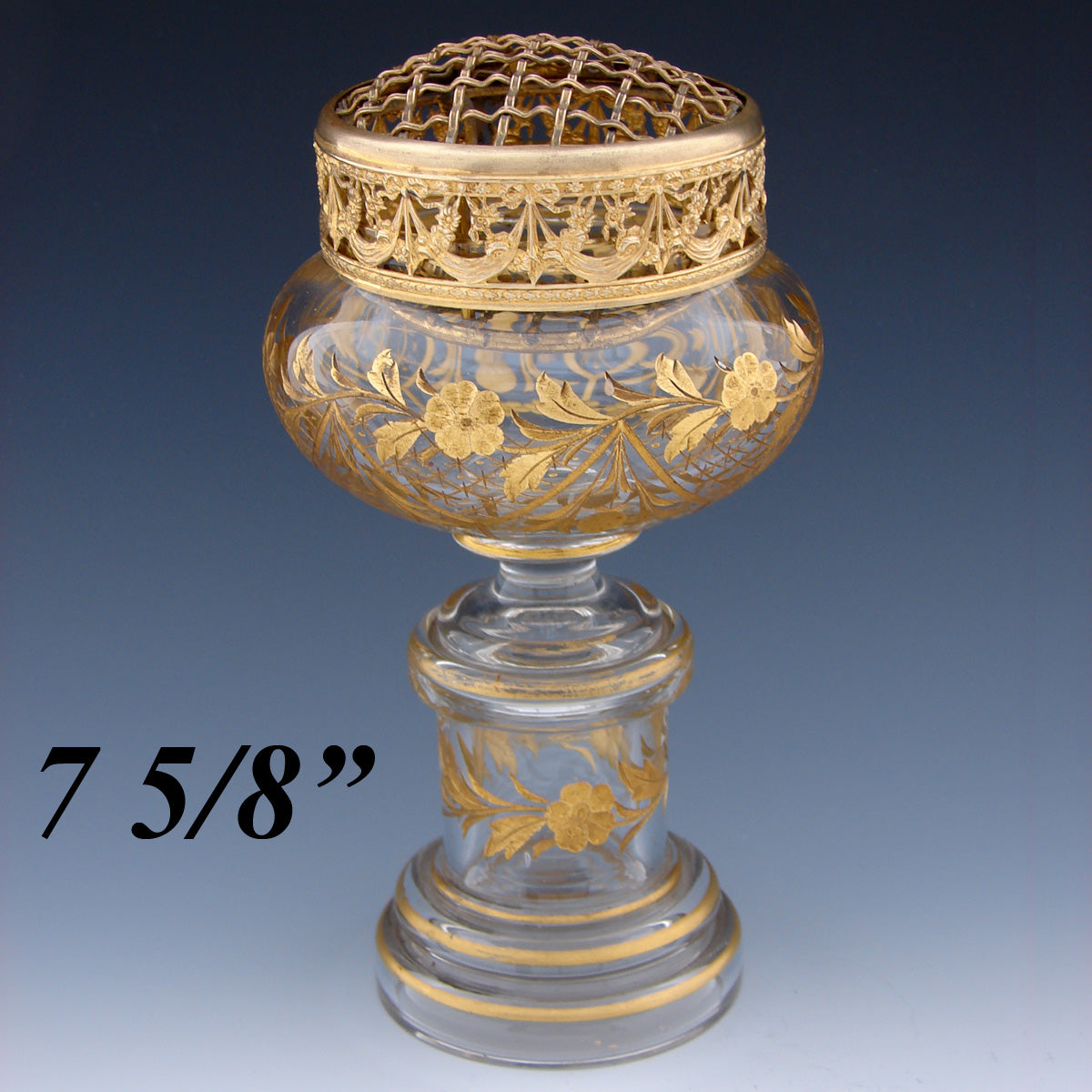 Gorgeous Antique French Baccarat(?) Gold Enameled Glass 7 5/8" Vase, Flower Frog