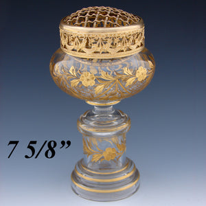 Gorgeous Antique French Baccarat(?) Gold Enameled Glass 7 5/8" Vase, Flower Frog