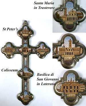 Antique Rome Italy Micro Mosaic 9.5" Cross, Crucifix, 6 Views, Grand Tour Souvenir