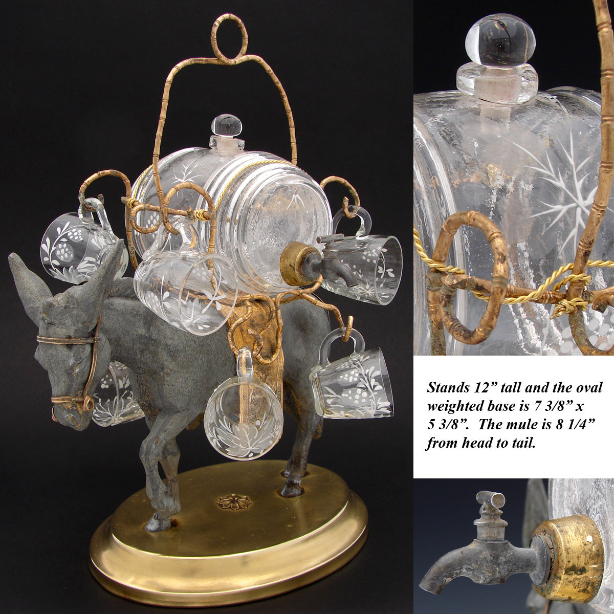 Antique French Napoleon III Liqueur Stand, Caddy or Tantalus, Barrel & Cups: Mule Figural Stand