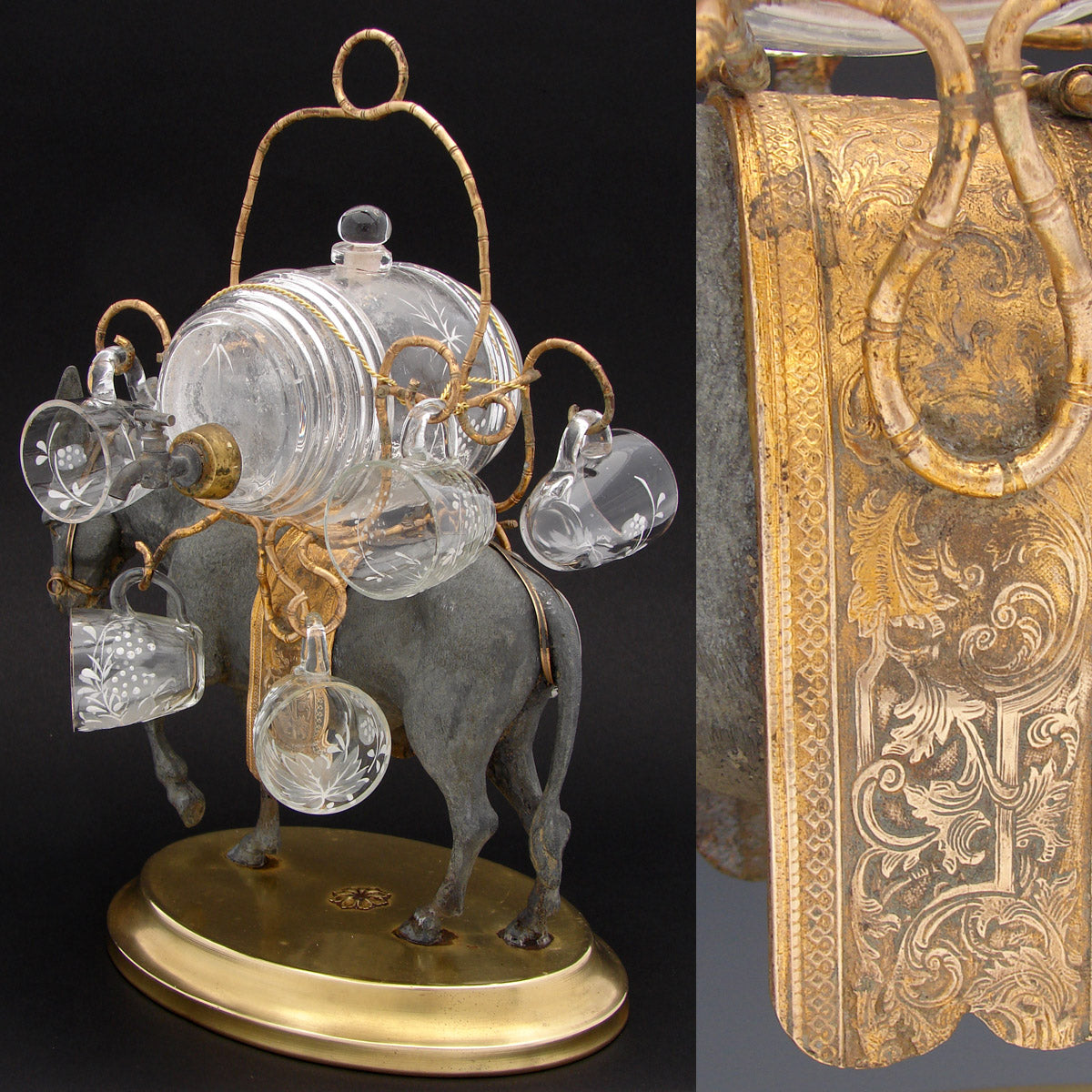 Antique French Napoleon III Liqueur Stand, Caddy or Tantalus, Barrel & Cups: Mule Figural Stand