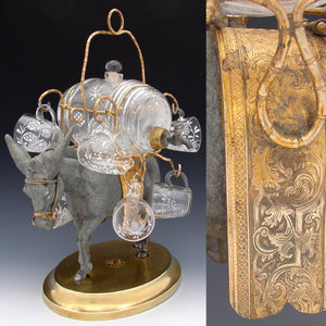 Antique French Napoleon III Liqueur Stand, Caddy or Tantalus, Barrel & Cups: Mule Figural Stand