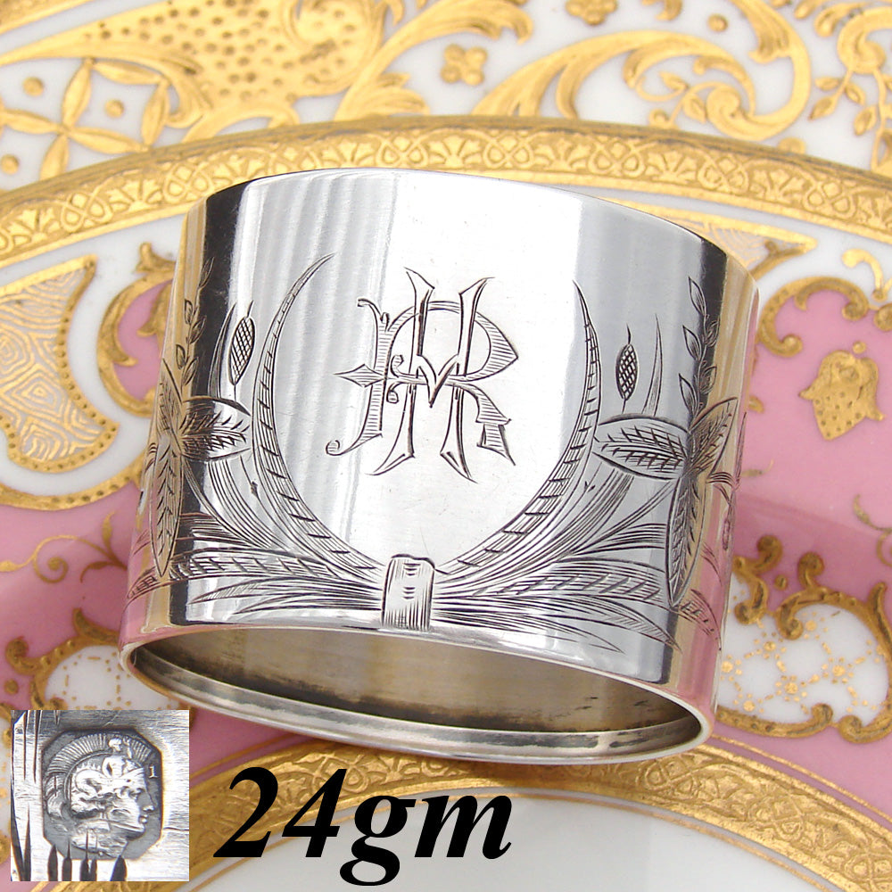 Antique French Sterling Silver Napkin Ring, Scrolled Foliage & Cattails