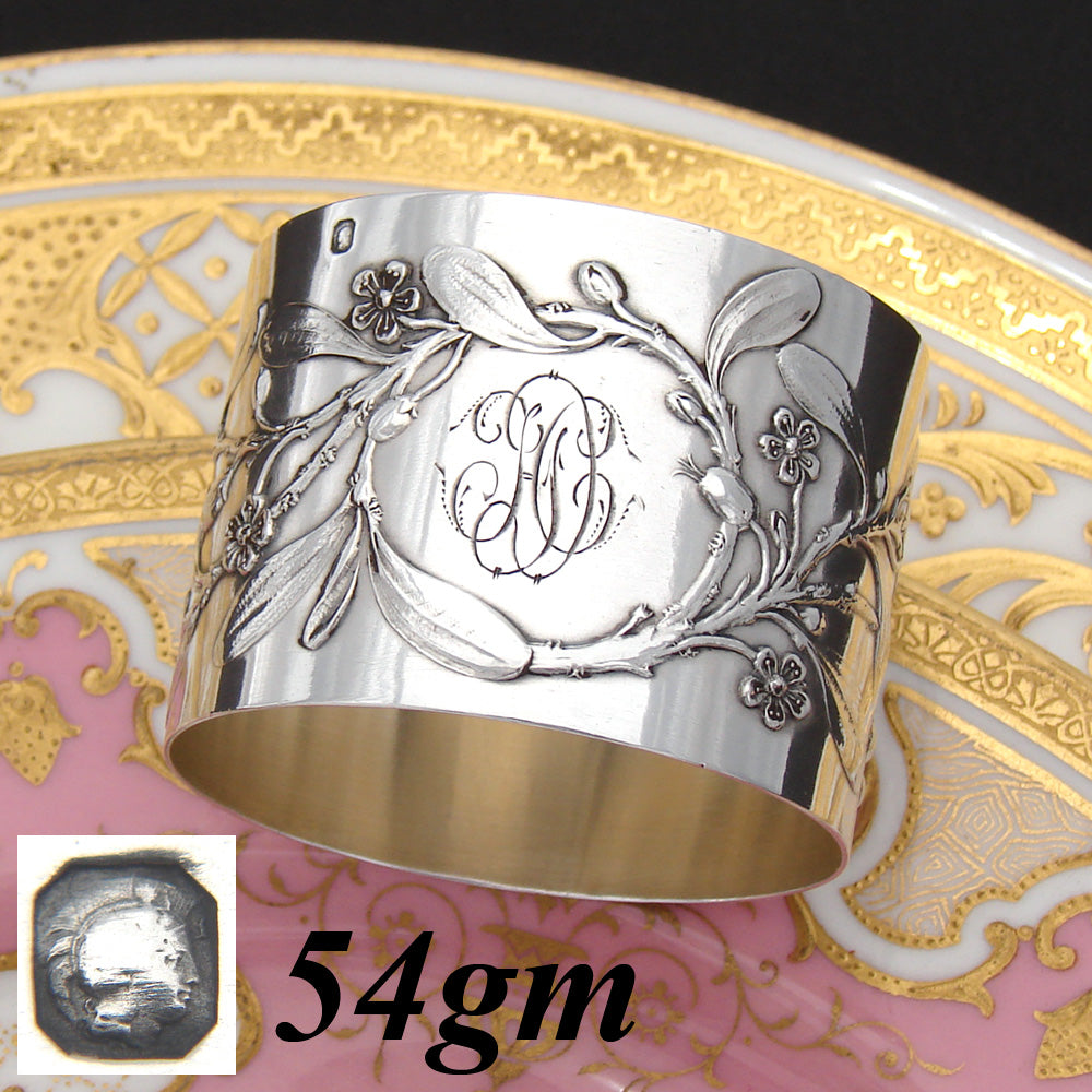 Lovely Antique French Sterling Silver Napkin Ring, Floral & Foliate Bas Relief