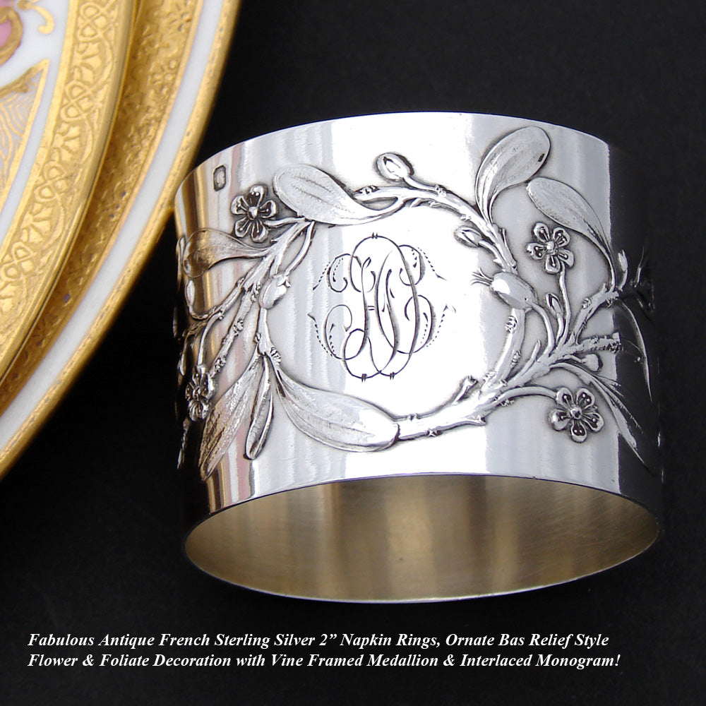 Lovely Antique French Sterling Silver Napkin Ring, Floral & Foliate Bas Relief