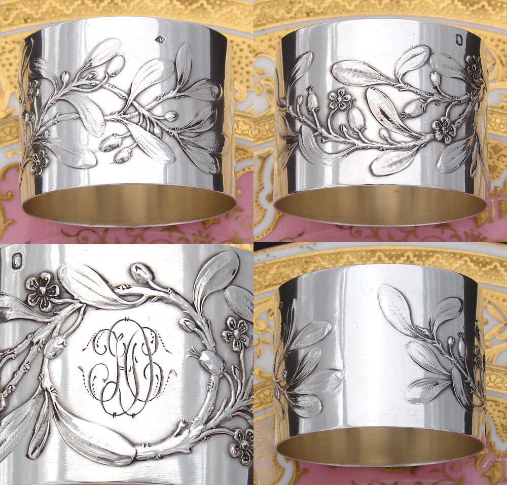 Lovely Antique French Sterling Silver Napkin Ring, Floral & Foliate Bas Relief