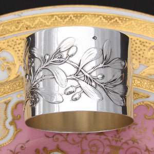 Lovely Antique French Sterling Silver Napkin Ring, Floral & Foliate Bas Relief