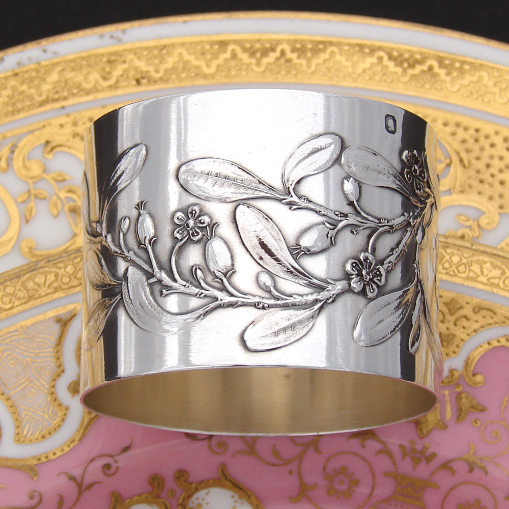 Lovely Antique French Sterling Silver Napkin Ring, Floral & Foliate Bas Relief