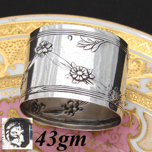 Antique French Sterling Silver Napkin Ring, Floral & Foliate Bas Relief