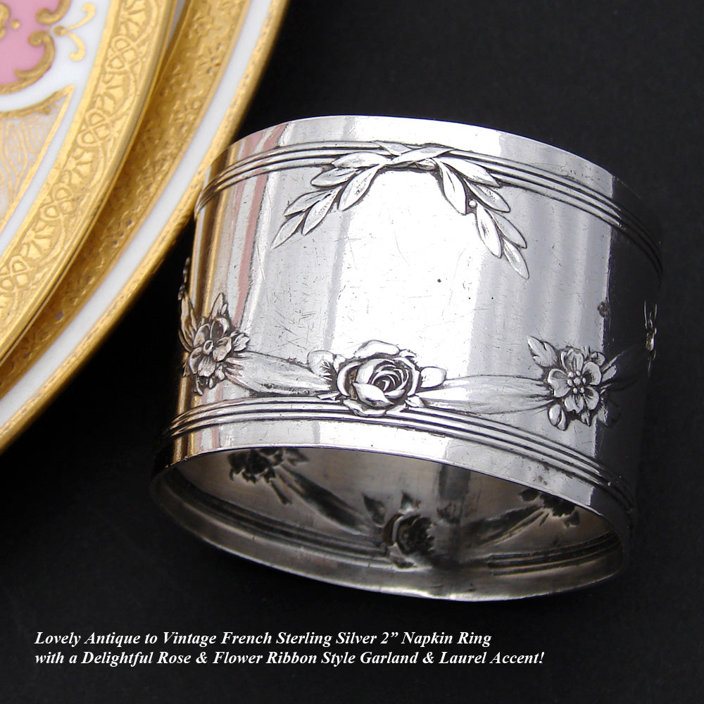 Antique French Sterling Silver Napkin Ring, Floral & Foliate Bas Relief