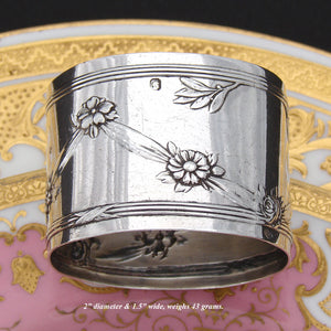 Antique French Sterling Silver Napkin Ring, Floral & Foliate Bas Relief