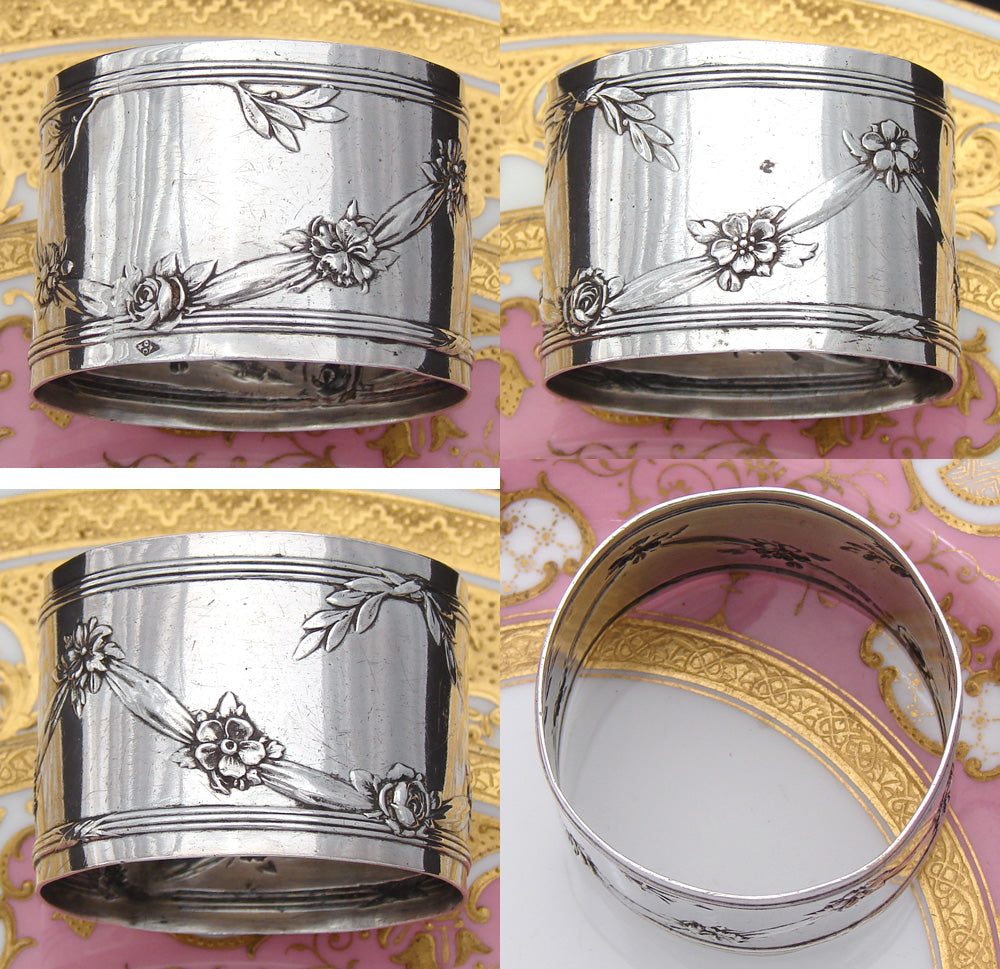 Antique French Sterling Silver Napkin Ring, Floral & Foliate Bas Relief