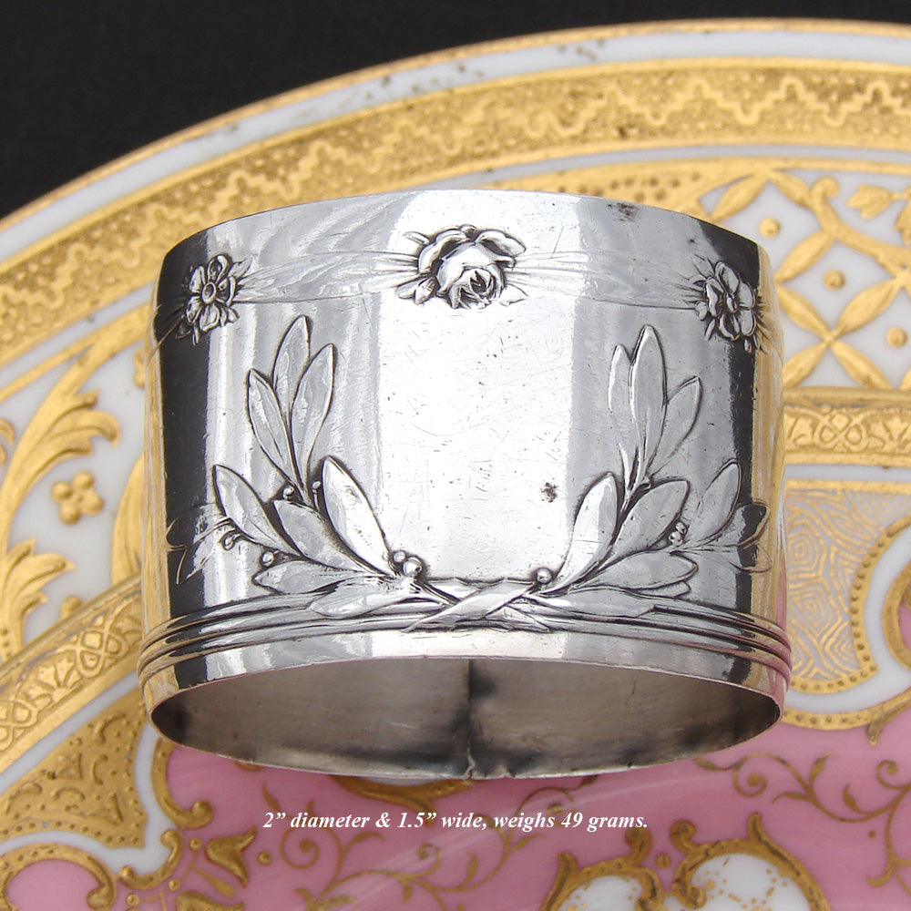 Antique French Sterling Silver Napkin Ring, Floral & Foliate Bas Relief