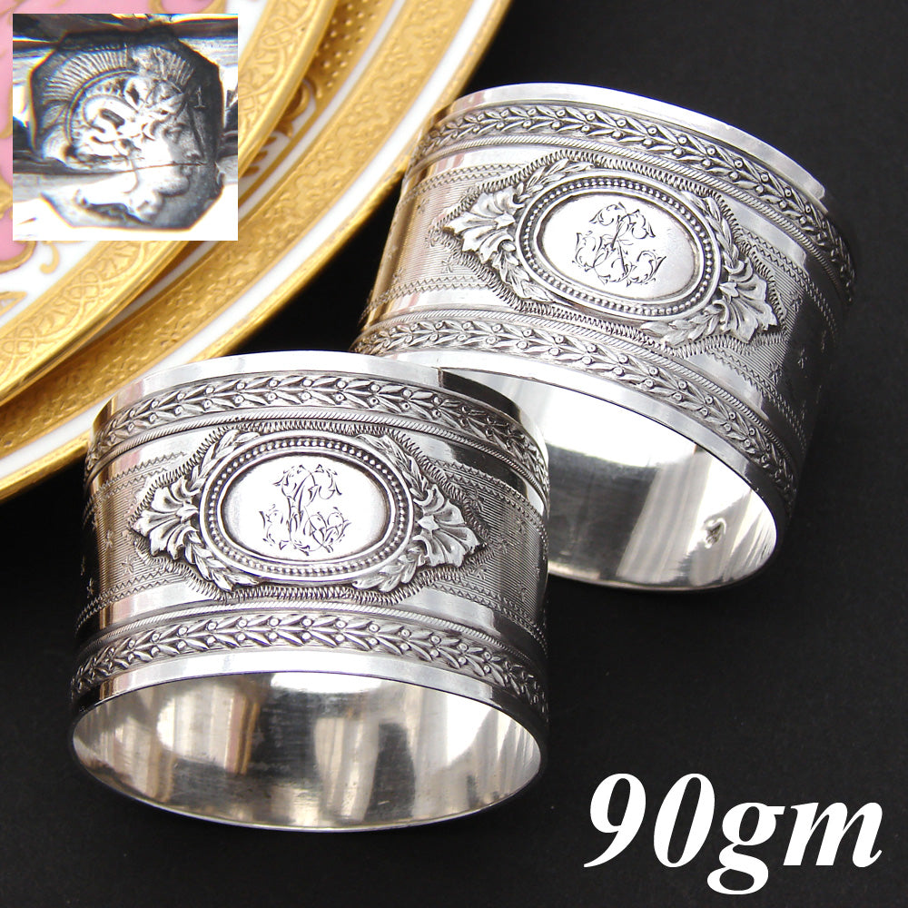 Gorgeous Antique French Sterling Silver Napkin Ring PAIR, "His & Her" Style Monograms