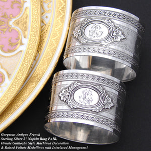 Gorgeous Antique French Sterling Silver Napkin Ring PAIR, "His & Her" Style Monograms