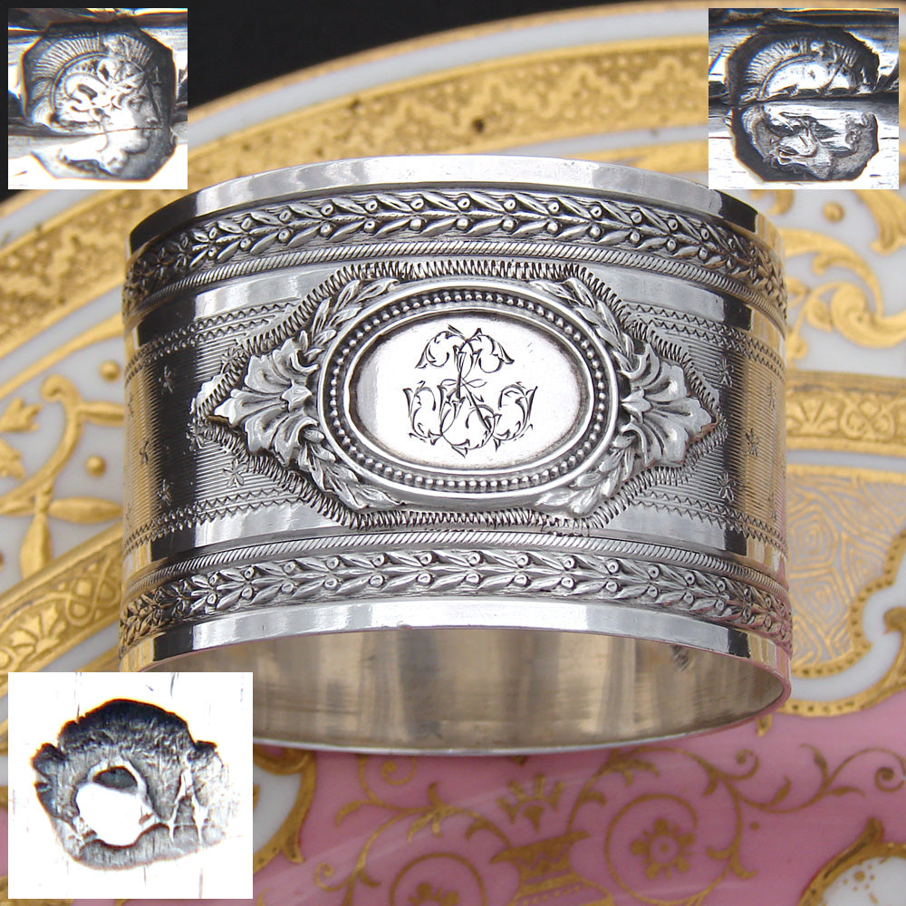 Gorgeous Antique French Sterling Silver Napkin Ring PAIR, "His & Her" Style Monograms