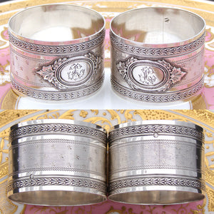 Gorgeous Antique French Sterling Silver Napkin Ring PAIR, "His & Her" Style Monograms