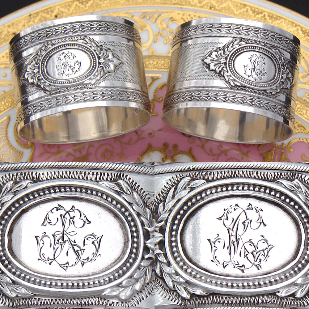 Gorgeous Antique French Sterling Silver Napkin Ring PAIR, "His & Her" Style Monograms