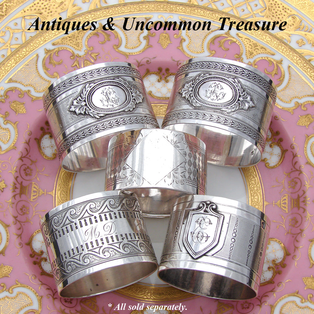 Gorgeous Antique French Sterling Silver Napkin Ring PAIR, "His & Her" Style Monograms