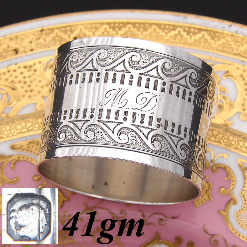 Antique French Sterling Silver Napkin Ring, Vetruvian Wave Pattern, "MD" Monogm