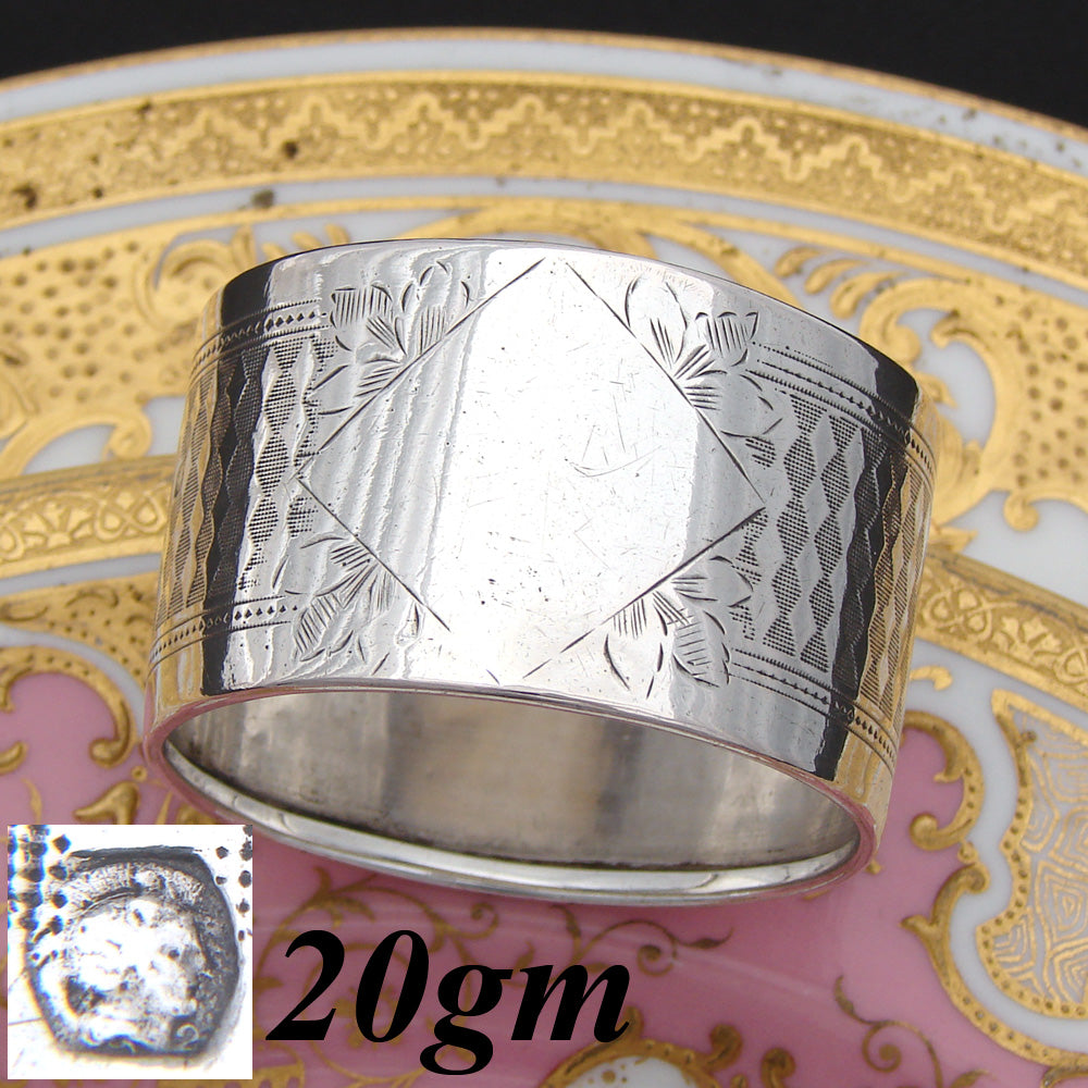 Antique French Sterling Silver Napkin Ring, Ornate Guilloche Style Floral