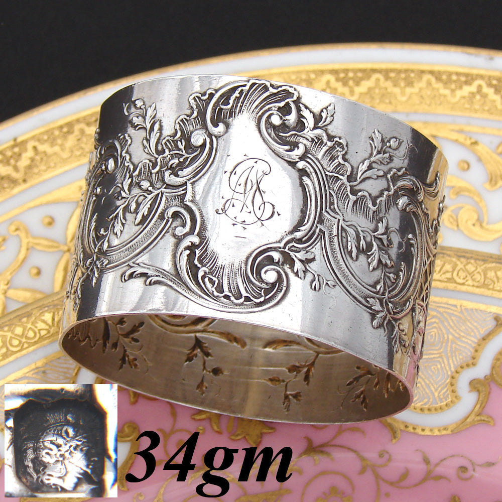 Antique French Sterling Silver Napkin Ring, Louis XIV or Rococo Pattern, 34gm