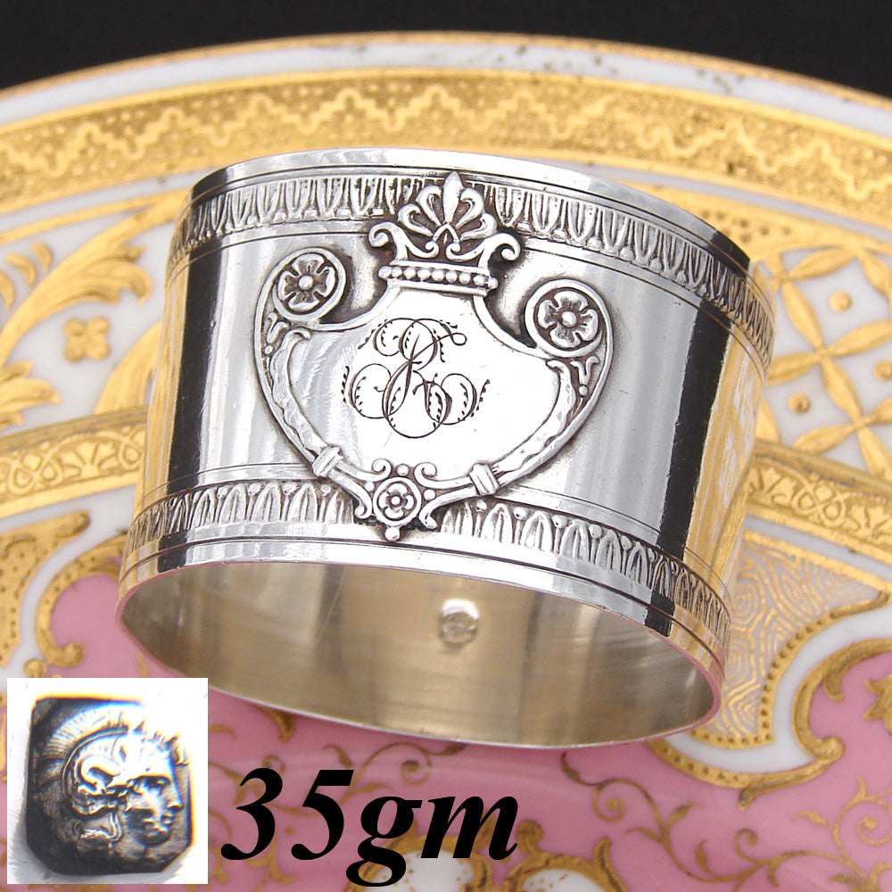 Antique French Sterling Silver 2" Napkin Ring, Classical Empire Laurel Bands