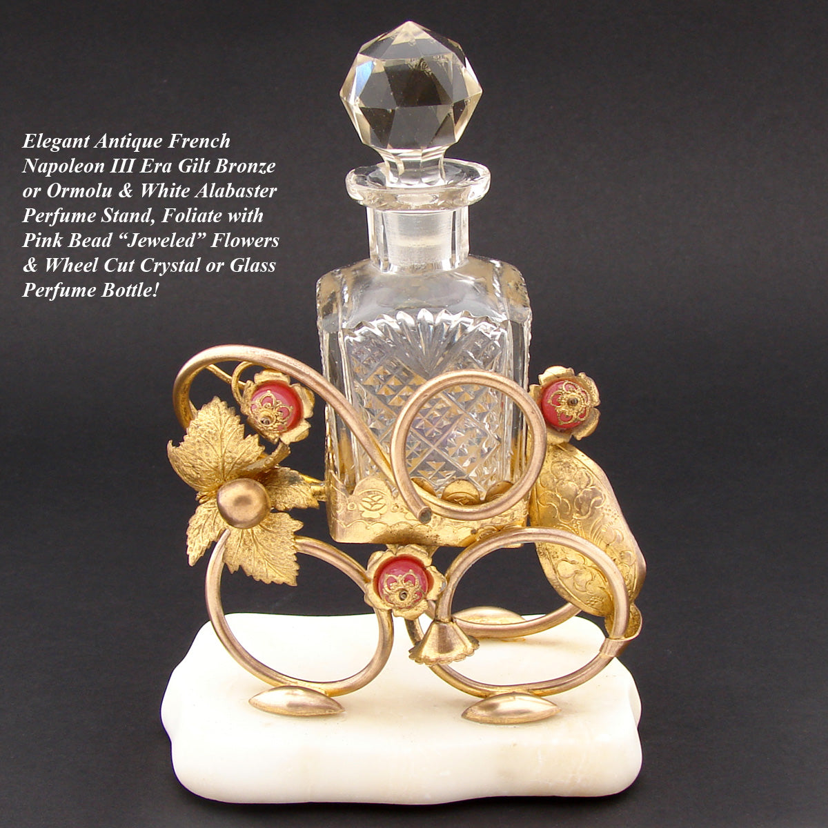 Antique French Napoleon III Palais Royal Style Perfume Stand, Alabaster & Gilt Ormolu, Jeweled