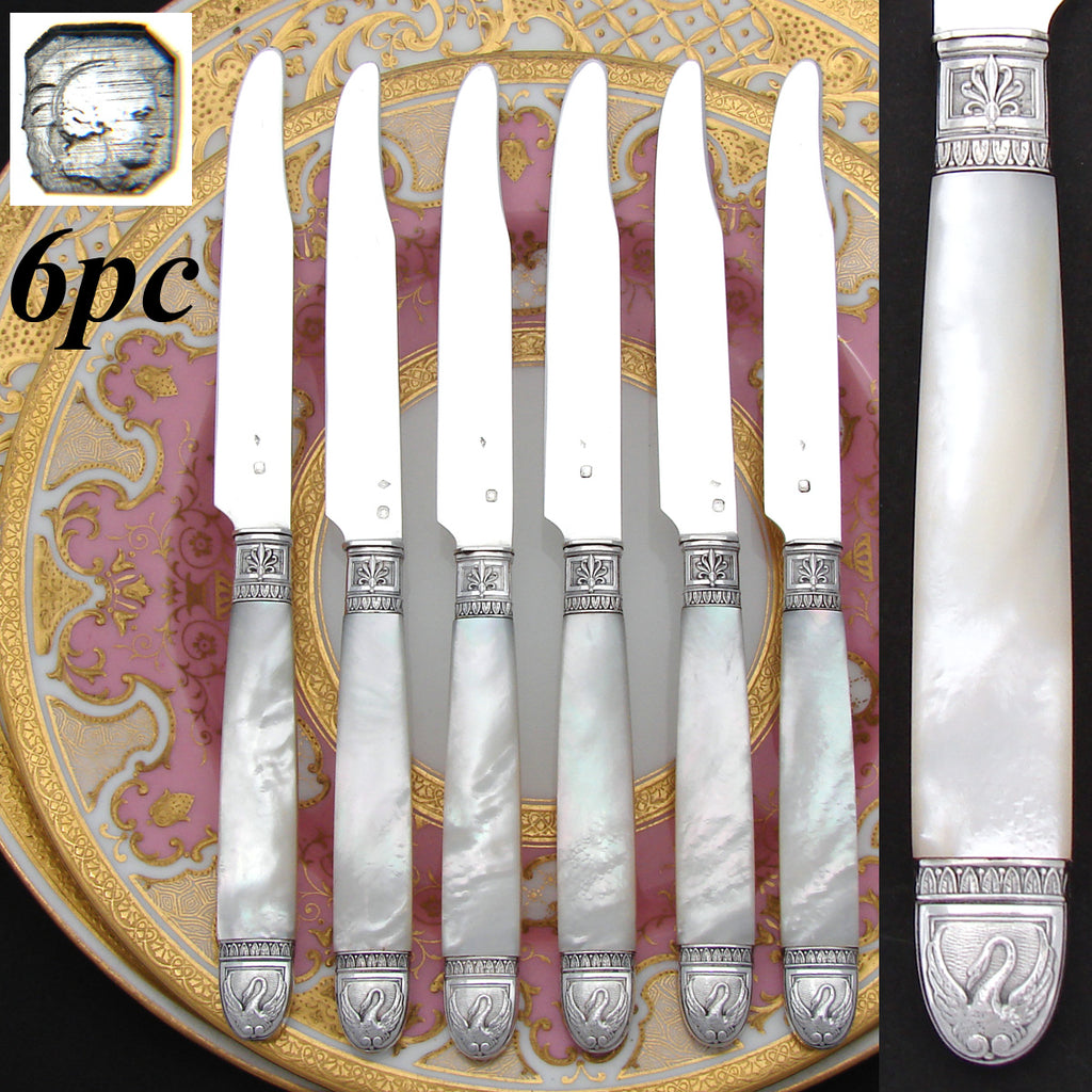 Antique French Silver & Mother of Pearl 6pc 8" Knife Set, Swan Figures