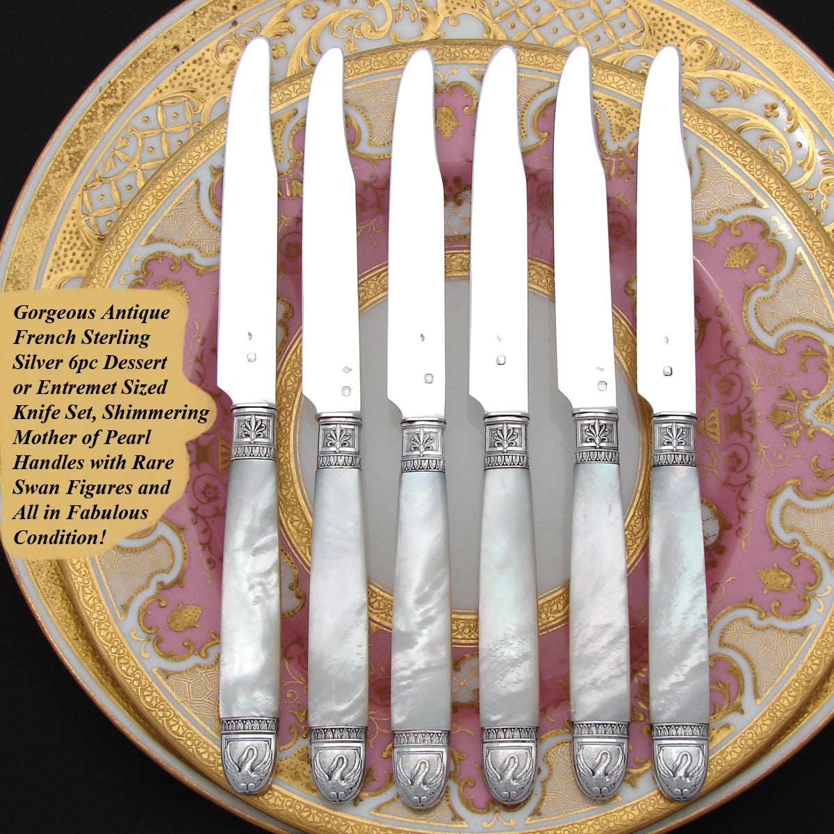 Antique French Silver & Mother of Pearl 6pc 8" Knife Set, Swan Figures