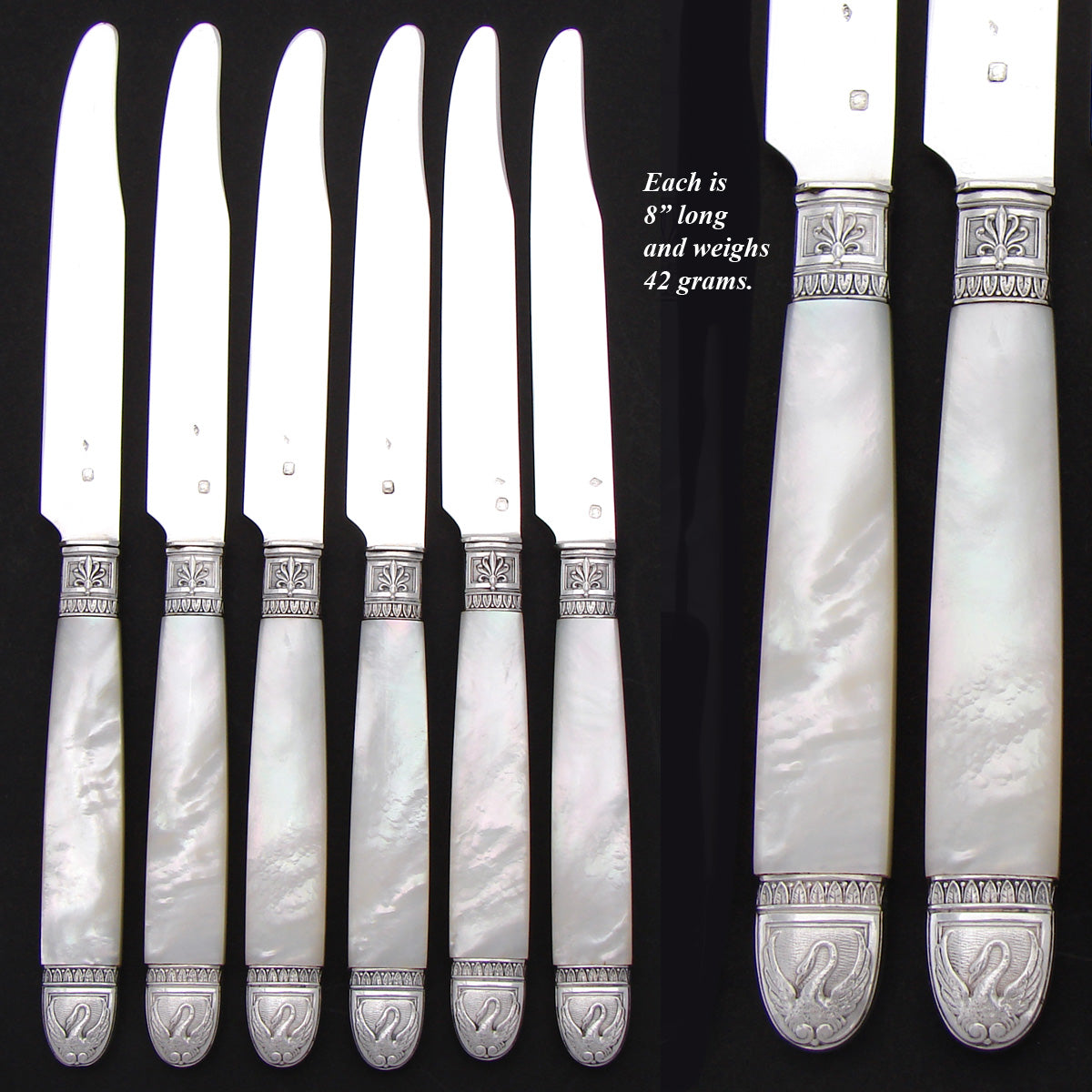 Antique French Silver & Mother of Pearl 6pc 8" Knife Set, Swan Figures